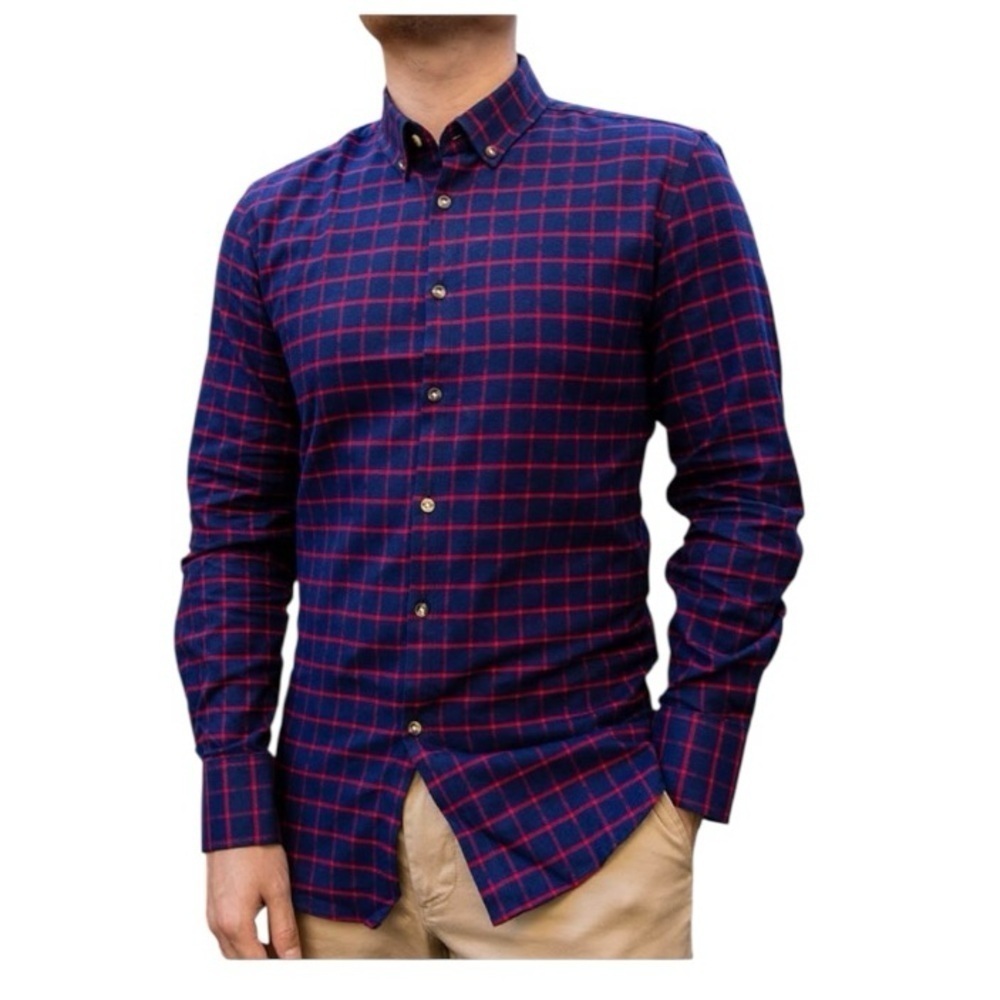Nimble Made N2 Dark Blue Red Flannel Plaid Check Shirt The Betta Slim Fit